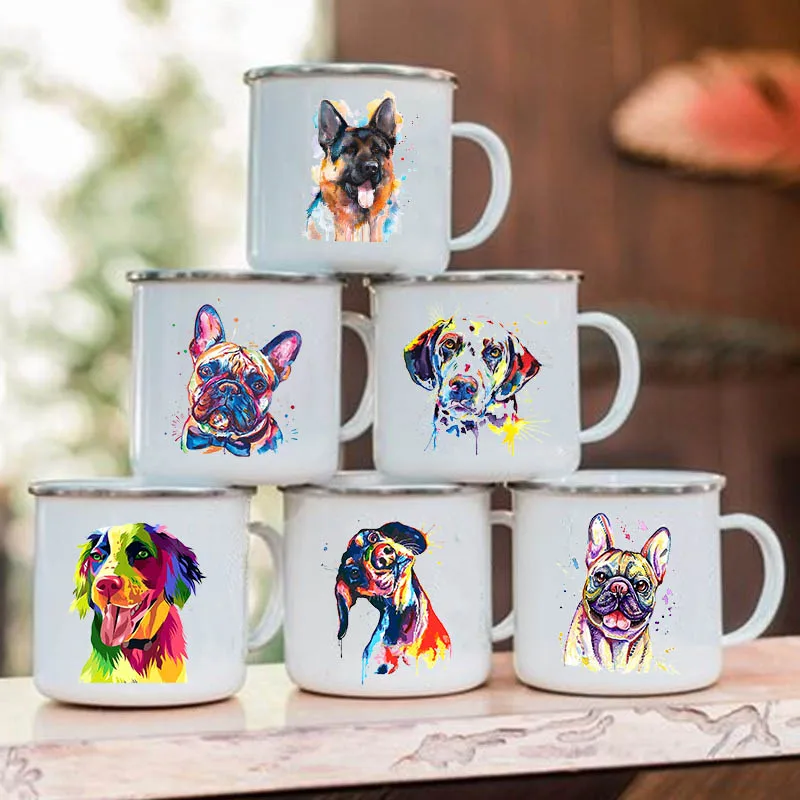 Watercolor Dog Printed Creative Coffee Cup Drinks Wine Beer Juice Milk Cups Camping Mug Handle Enamel Mugs Gifts for Lover Dogs