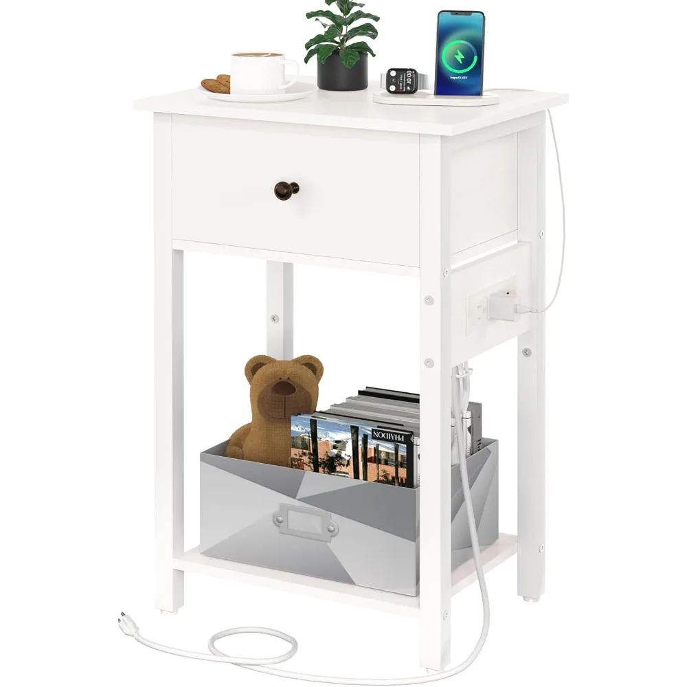 

Nightstand with Charging Station, Bedside Tables with Large Drawer and Storage Shelf, Bed Side Table/Night Stand with USB Ports