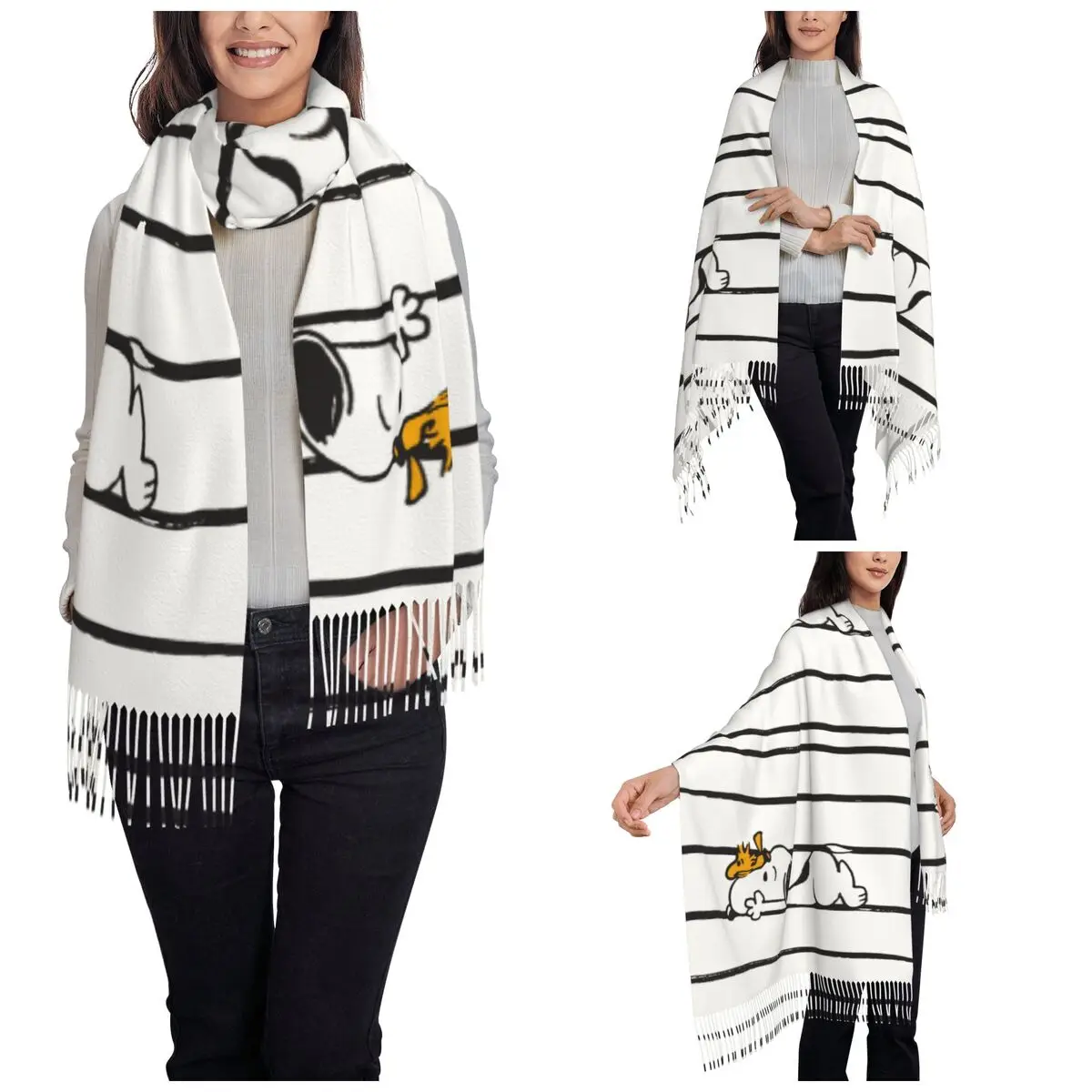 Snoopys & Woodstock Smile Giggle Laugh Shawl Wraps for Womens Warm Large Long Scarf Pashminas Tassel Scarves