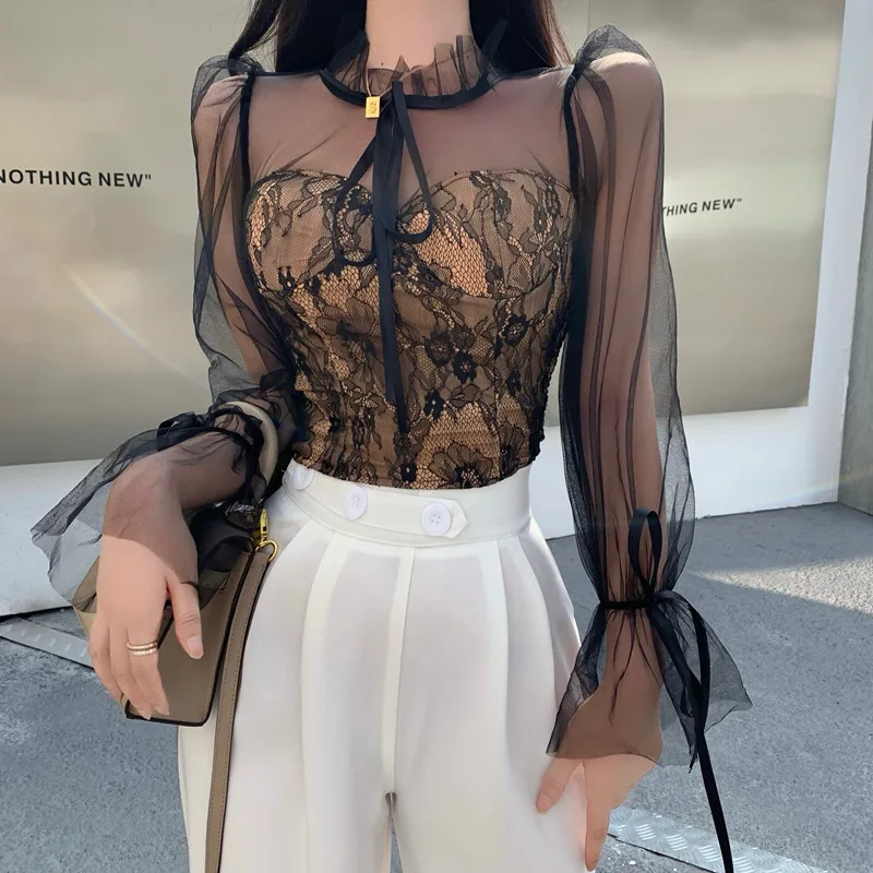 Spring Summer Chic Mesh Patchwork Blouse For Women Streetwear Long Sleeve O Neck Lace Crop Shirt Top Lady Slim Blouse