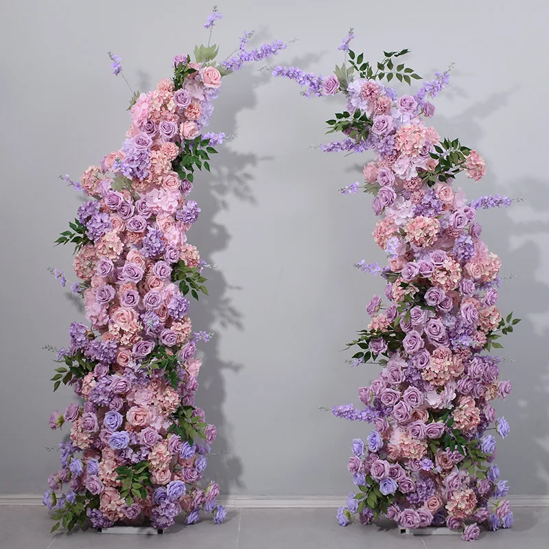 

Purple Rose Hydrangea Delphinium Flower Row Wedding Backdrop Arch Decor Floral Arrangement Horn Flower Event Party Prop