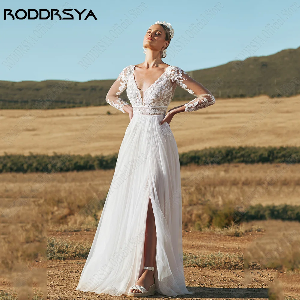 RODDRSYA Vintage Wedding Dresses Long Sleeves Applique Sexy Backless Bride Gowsn Side Split Boho A-Line vestidos de novia