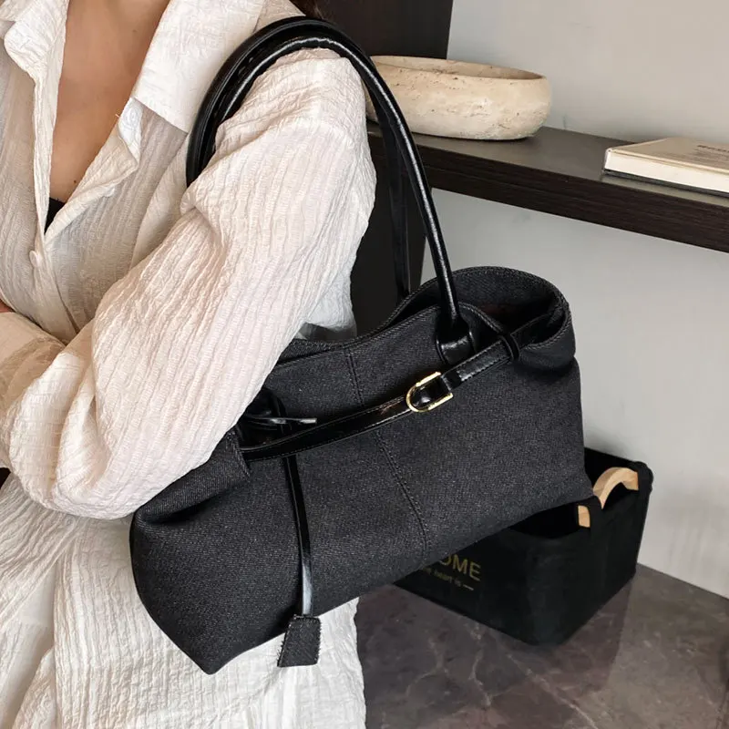 

Повседневная сумка через плечо Eur, двухцветная сумка-тоут с пряжкой, ретро-сумка из искусственного денима, вместительная дорожная сумка для поездок на работу