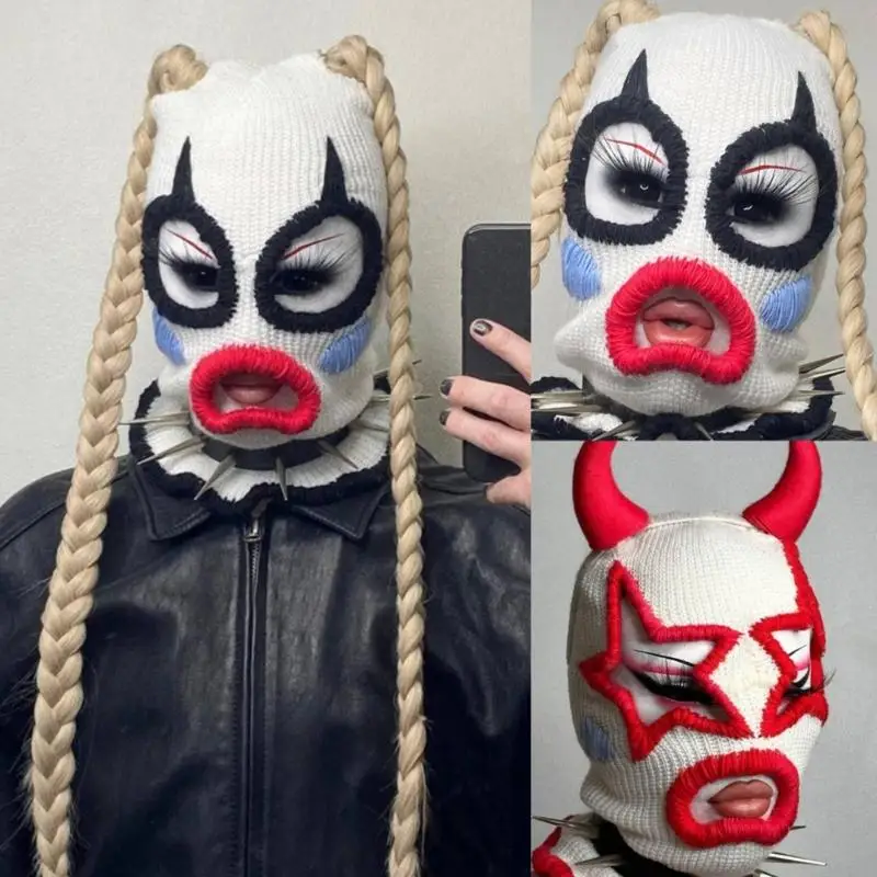 

P88A Spooky Knitted Beanie Hat Neck Warmer Halloween Balaclava Hat Clown Costume