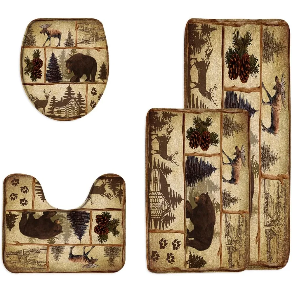 مجموعة سجادة حمام على طراز المقصورة الريفية مع موضوع الدب والموس والغابات، تصميم خشبي عتيق للصيد والتخييم، 17.8 × 29.5 بوصة #4