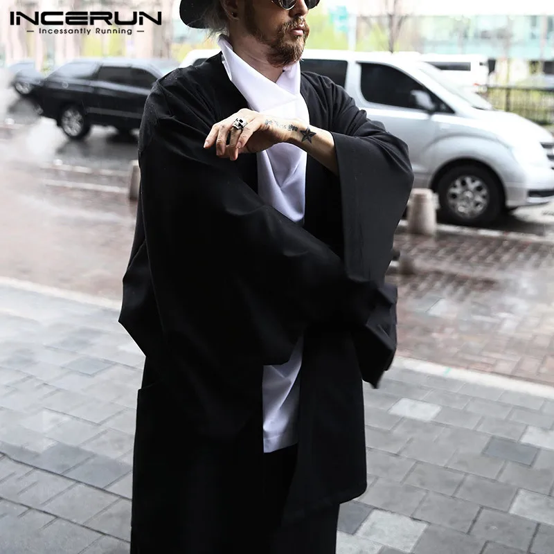 

INCERUN Men Trench Solid Coats Open Stitch Long Sleeve 2025 Casual Japanese Kimono Streetwear Vintage Cotton Outerwear Cardigan