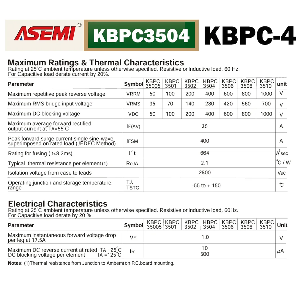 Image 6: Redresseur en pont KBPC3504 35A 400V monophasé, module de diodes pour alimentation électrique, onduleur DIY, contrôle de moteur