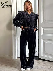 Oymimi Fashion Black Plush Women's Two Pieces Set Elegant V-Neck Long Sleeve Button Crop Shirts And Drawstring Trousers Sets