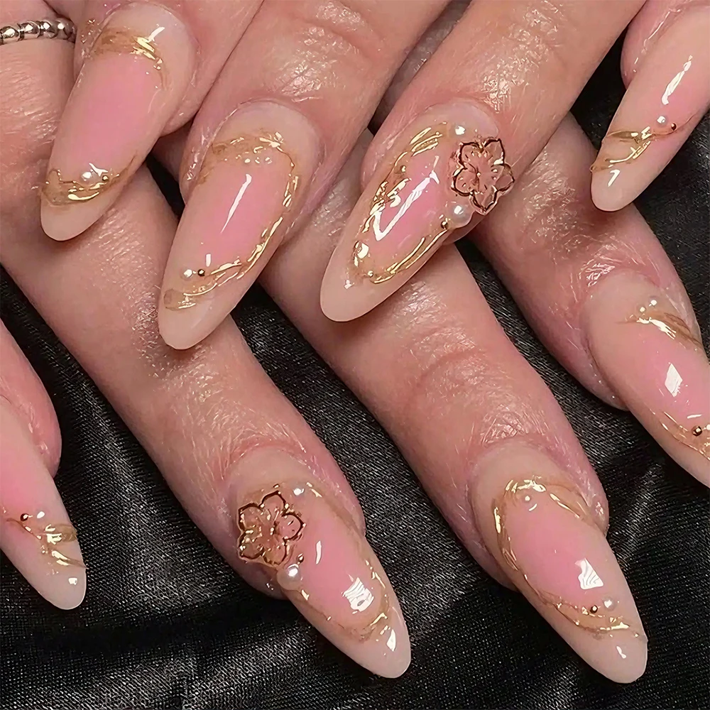 24pcs Gilded Chrome Lines Sakura Flower Long Almonds Fake Nails Pink Ombre Full Cover Press On Nail Spring Blossm DIY False Nail