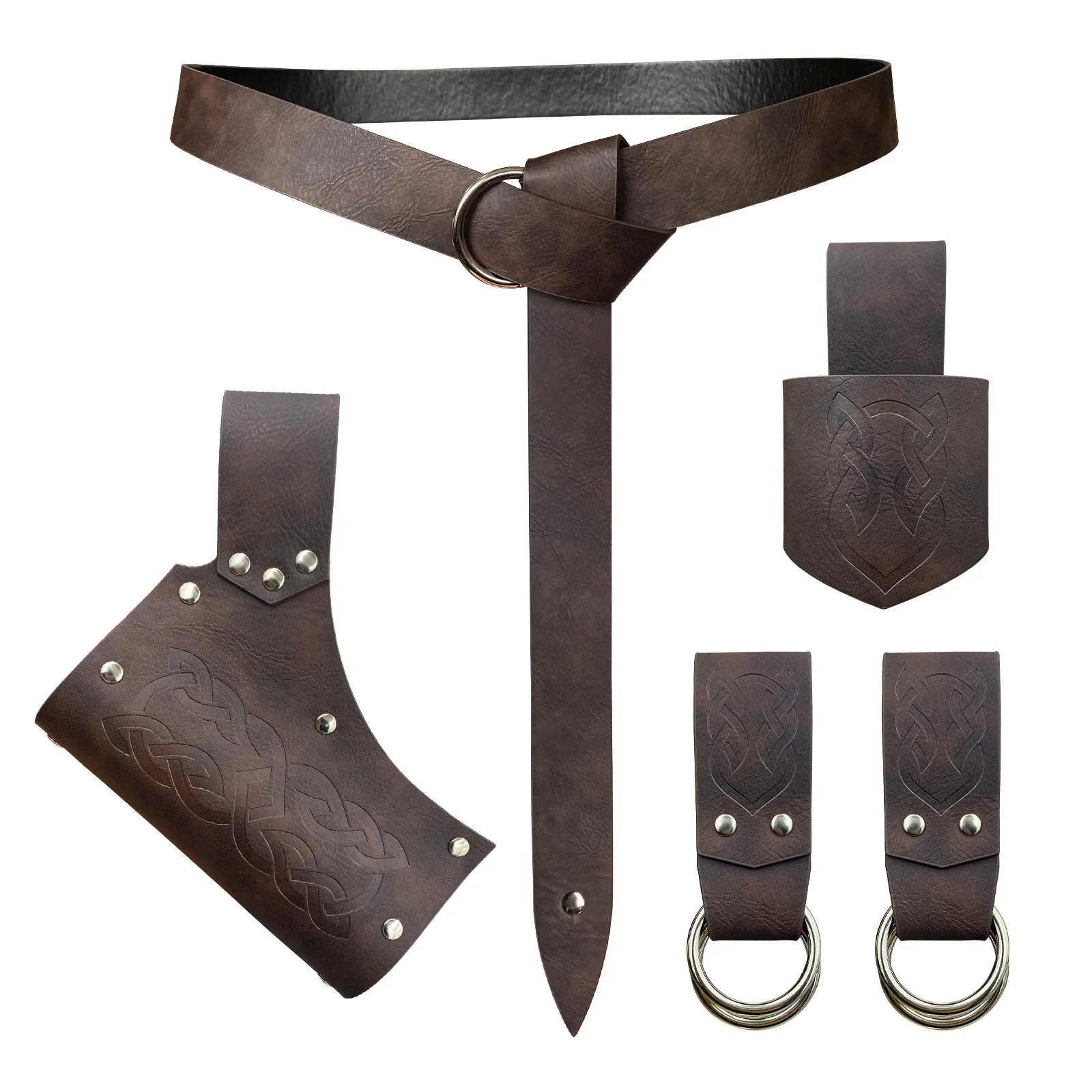 5PC Medieval Waist Belt Sword Scabbard Nordic Viking Belt Set With Embossed Rivet Design Halloween Vintage Cosplay Props