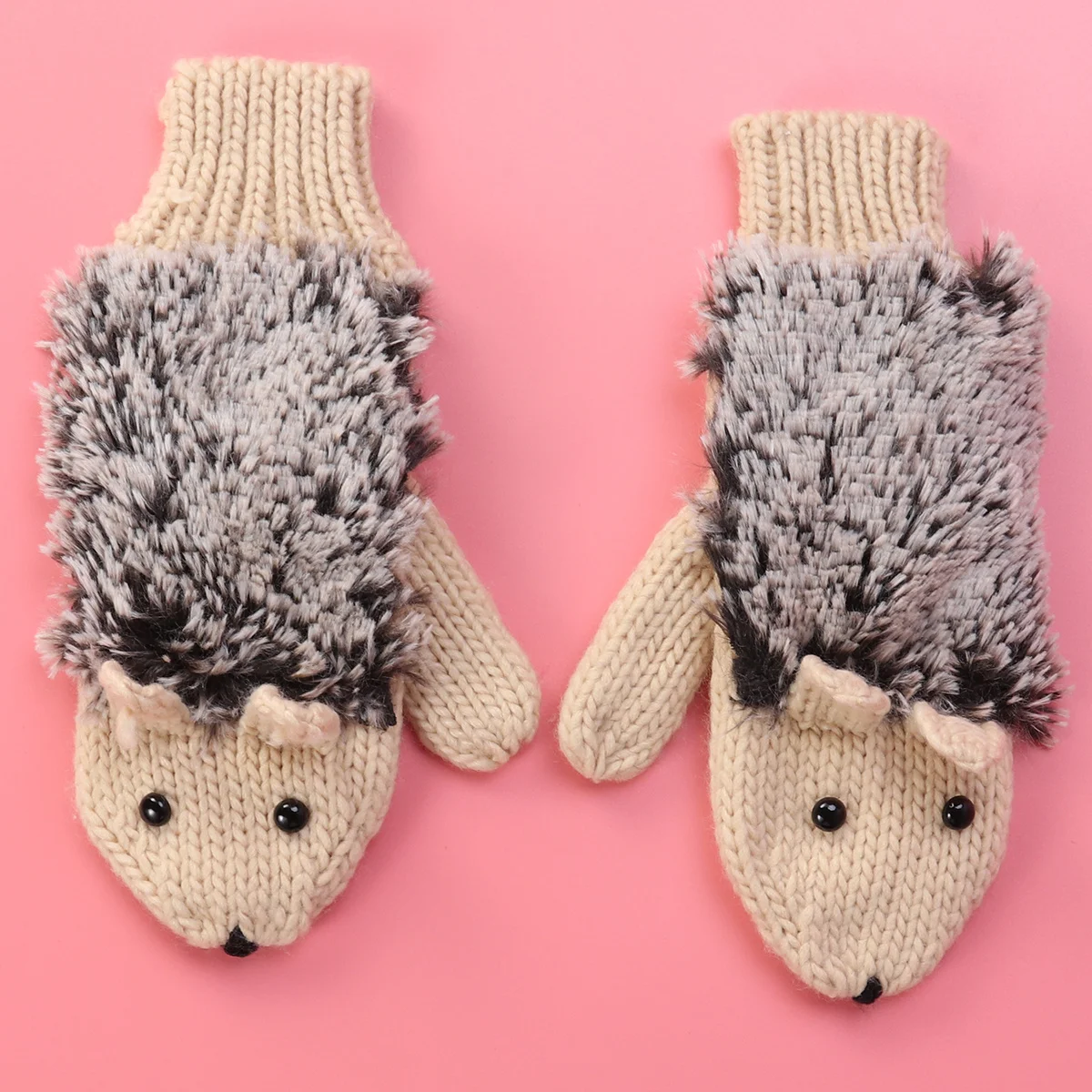 قفازات دافئة الشتاء الكرتون القنفذ نمط محبوك تدفئة المعصم العالمي صالح للنساء الرجال البيج سميكة مضلع الكفة