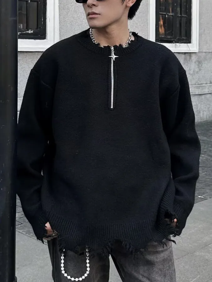 

Вязаный свитер на молнии в стиле ретро с дырками, свободный универсальный модный верхняя одежда с надписью Lazy Sle, крутая мода для поездок на работу