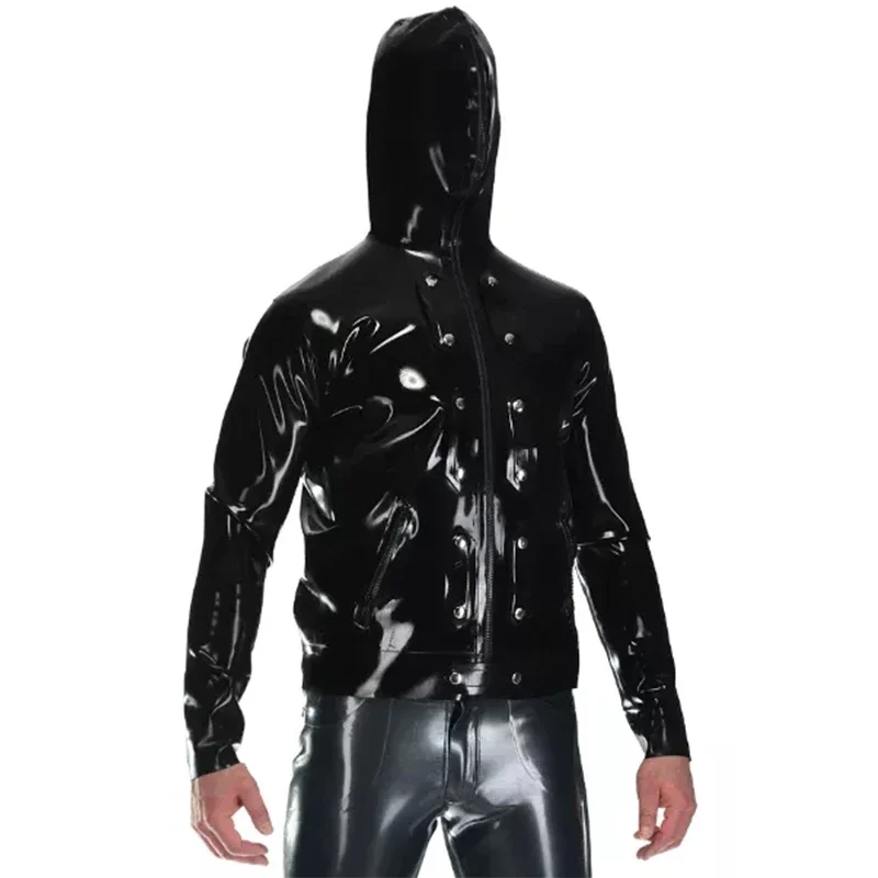 Handmade Men Latex Tops Rubber Jacket Hoodie with Front Zip Fetish