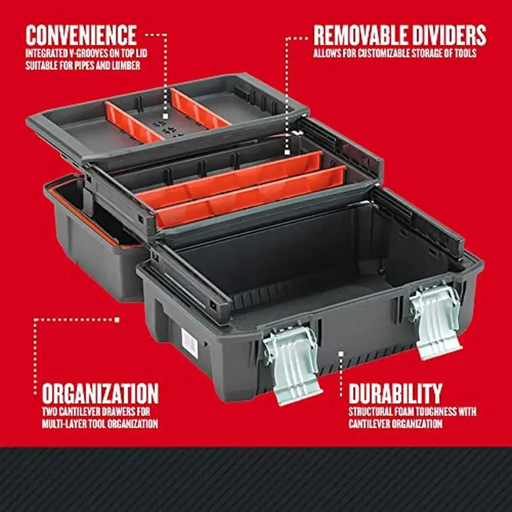 Tool Storage Box 18-Inch Black Cantilever Drawers IP54 Rated Rust Resistant Metal Latches Customizable Dividers Water/Dust