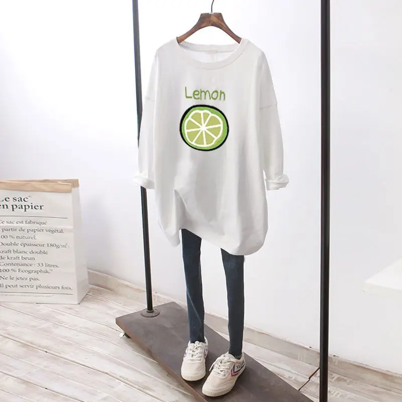 Women Clothing Fruit Print Fashion Pure Cotton T-shirts Autumn Casual Loose Long Sleeve Top Tees Oversized Pullover 40-100Kg