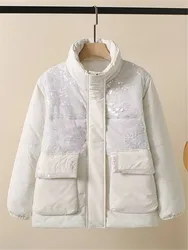 Ropa de talla grande para mujer, chaqueta de invierno de manga larga con cuello levantado, abrigo de talla grande con entresuelo de algodón acolchado con adorno de lentejuelas