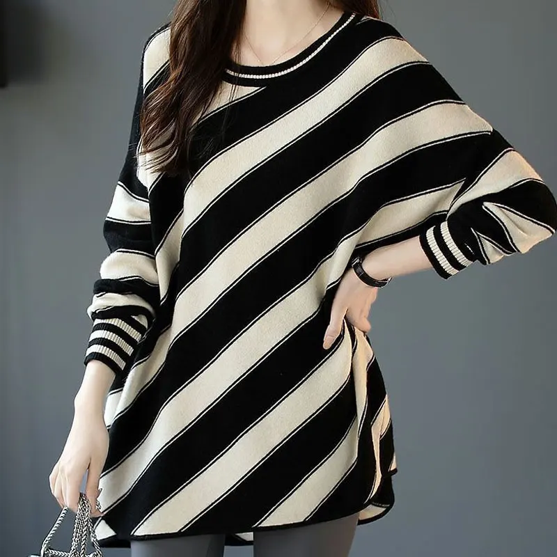 Female Clothing Striped Spliced Stylish Asymmetrical Midi Sweaters Autumn Winter Korean Round Neck Casual Loose Knitted Jumpers