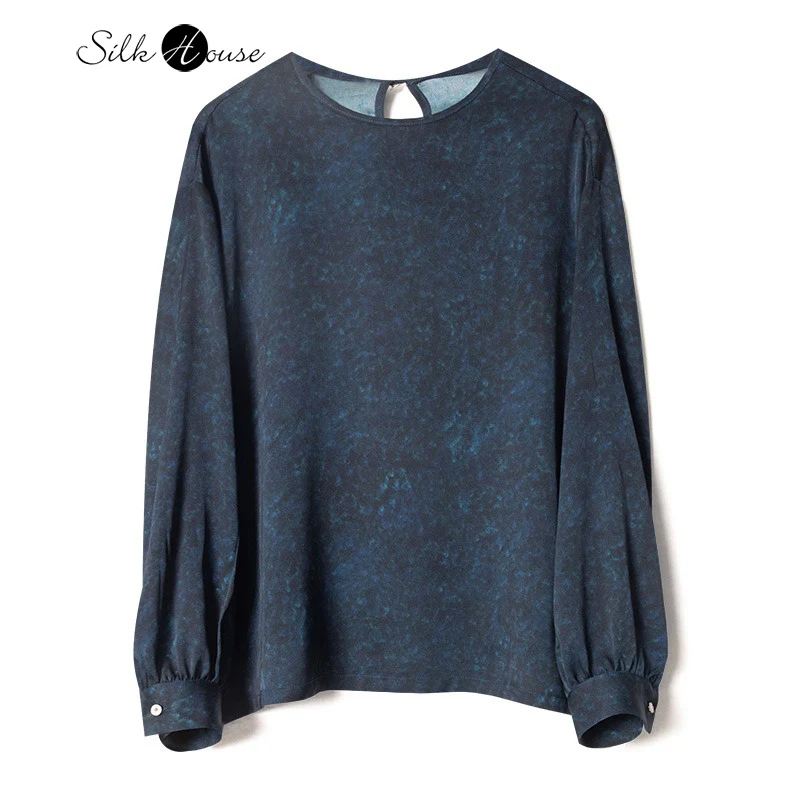 

Blue Ocean Tie Dyeing 92% Natural Mulberry Silk Elastic Satin Dreamy Ocean Comfortable Round Neck Long Sleeve T-shirt