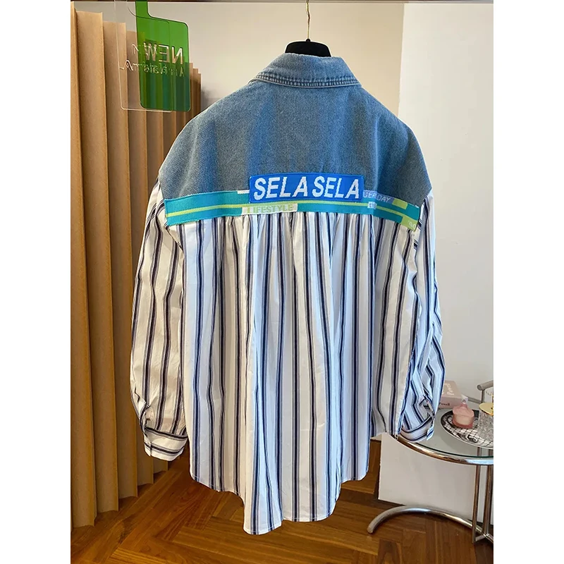 Spring Autumn Design Sense Minority Design Sense Letter Embroidery Denim Splicing Striped Shirt Female Fake Two Fashion Jackets