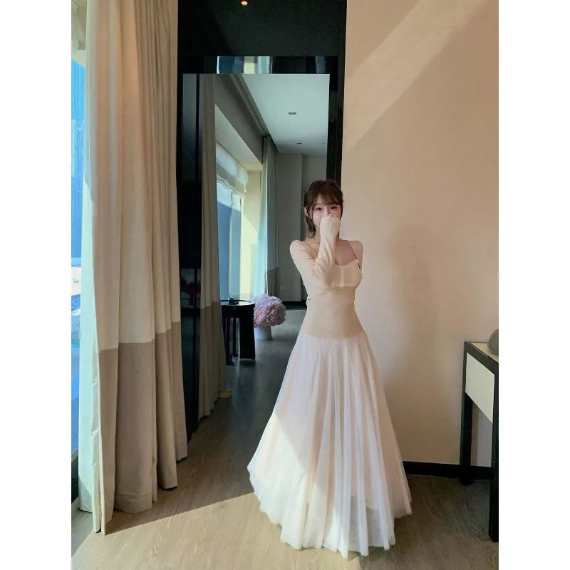 

Women's Champagne Flowy Maxi Skirt Elegant High Waist A-Line Long Skirt