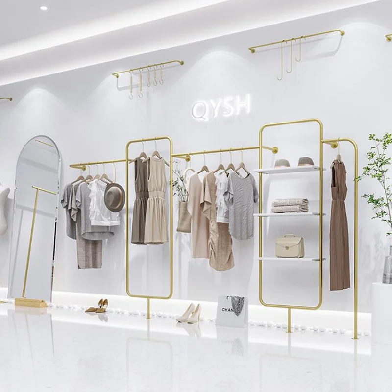 Custom High-End Wall Golden Clothing Display Stand Wall-Mounted Gold Acrylic Clothes Display Rack