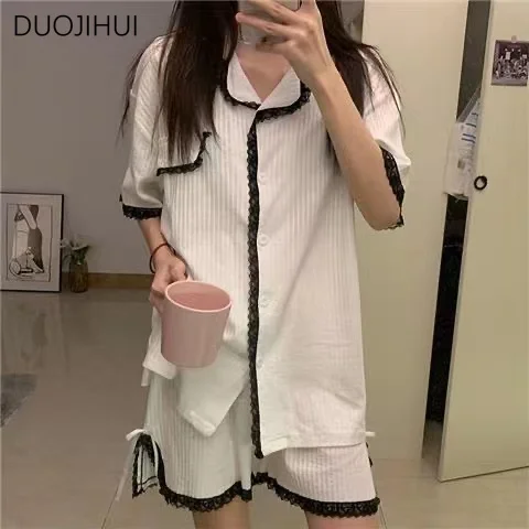 DUOJIHUI-Conjuntos de pijama de renda casual para mulheres, cardigã básico, short chique, moda feminina, lar, doce, entrada de verão