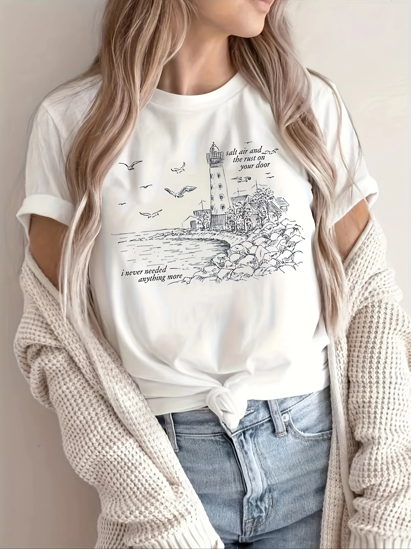 그래픽 프린트 크루넥 티셔츠, 봄 & 여름용 캐주얼 반소매 티셔츠, 여성 의류