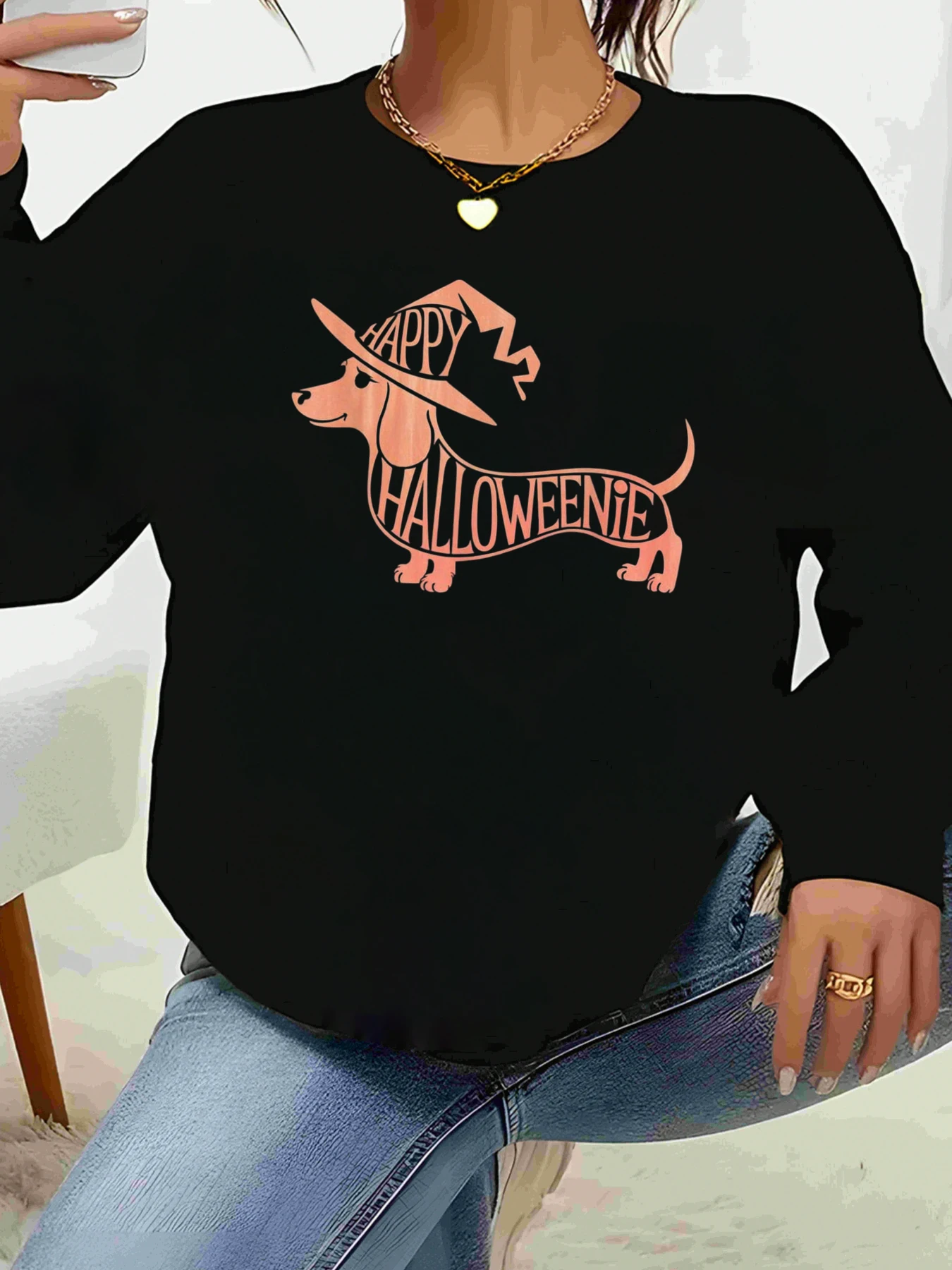 

Такса Ведьма Happy Halloweentie Футболка с длинным рукавом с принтом Хэллоуин Повседневная одежда Женская