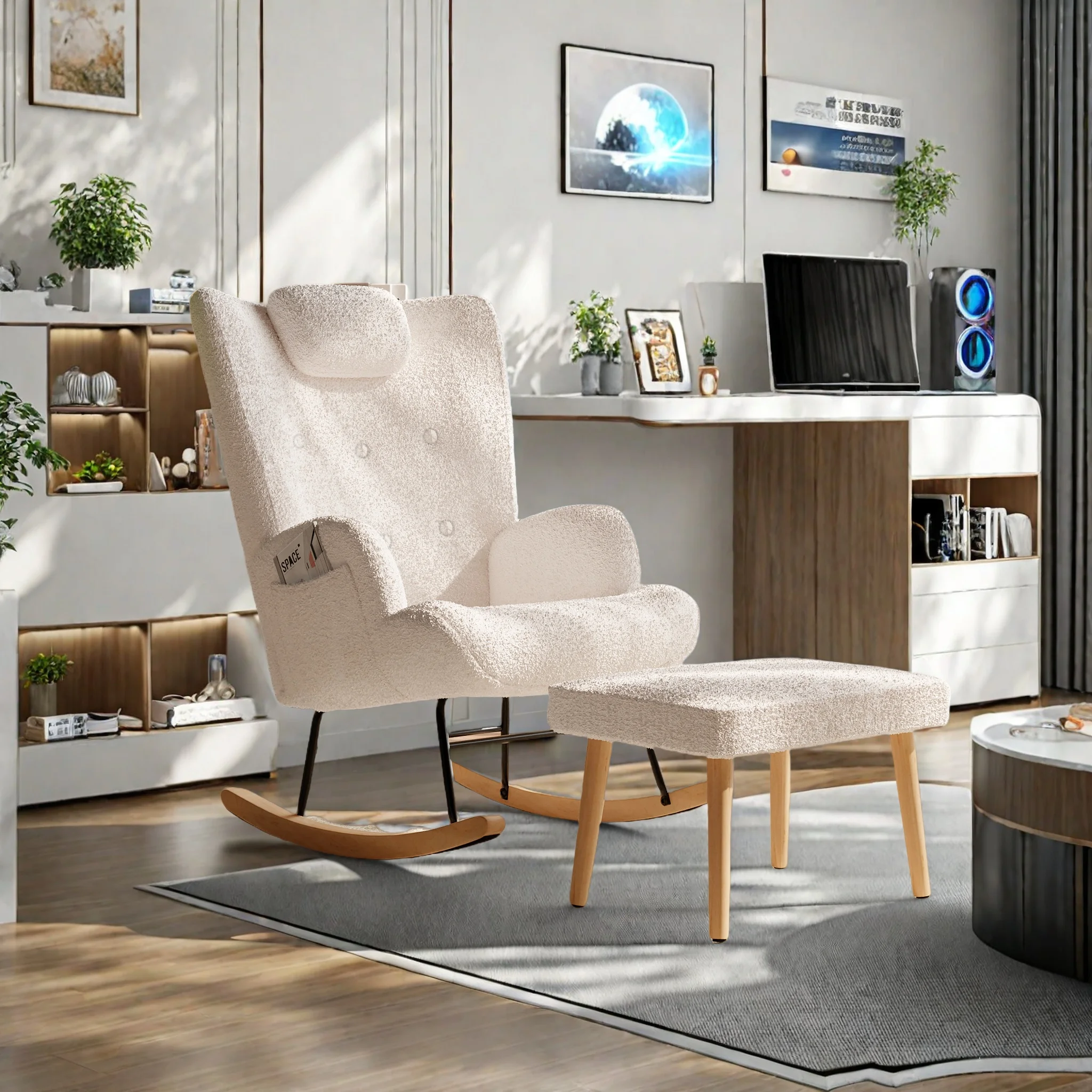 Sillón Mecedora Anajqaqia con Taburete, Sillón Mecedora de Terciopelo con Respaldo, Sillón Decorativo para Dormitorio, Sala de Estar, Blanco