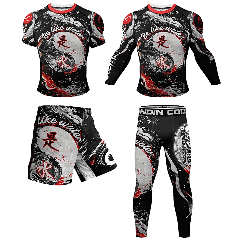 Men Compression Tight Boxing Jerseys Rash Guard Clothing MMA Shorts Grappling Leggings +Bjj Rashguard With Rubber Sportsuits