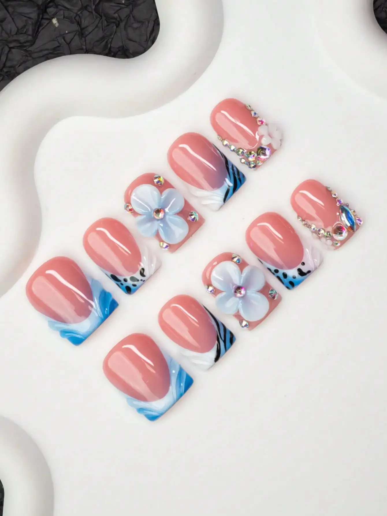 

10pcs/Set Handmade Square Nail Tips, Y2K Baddie Style, Nude, White, Blue Color With French Edge, Zebra Print, Carved Floral