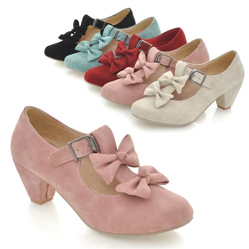 Sweet Lolita Shoes Kawaii Girl Cosplay Bowknot Buckle Mid Heel Round Head Women Shoes Princess Pu Leather Shoes Loli Female