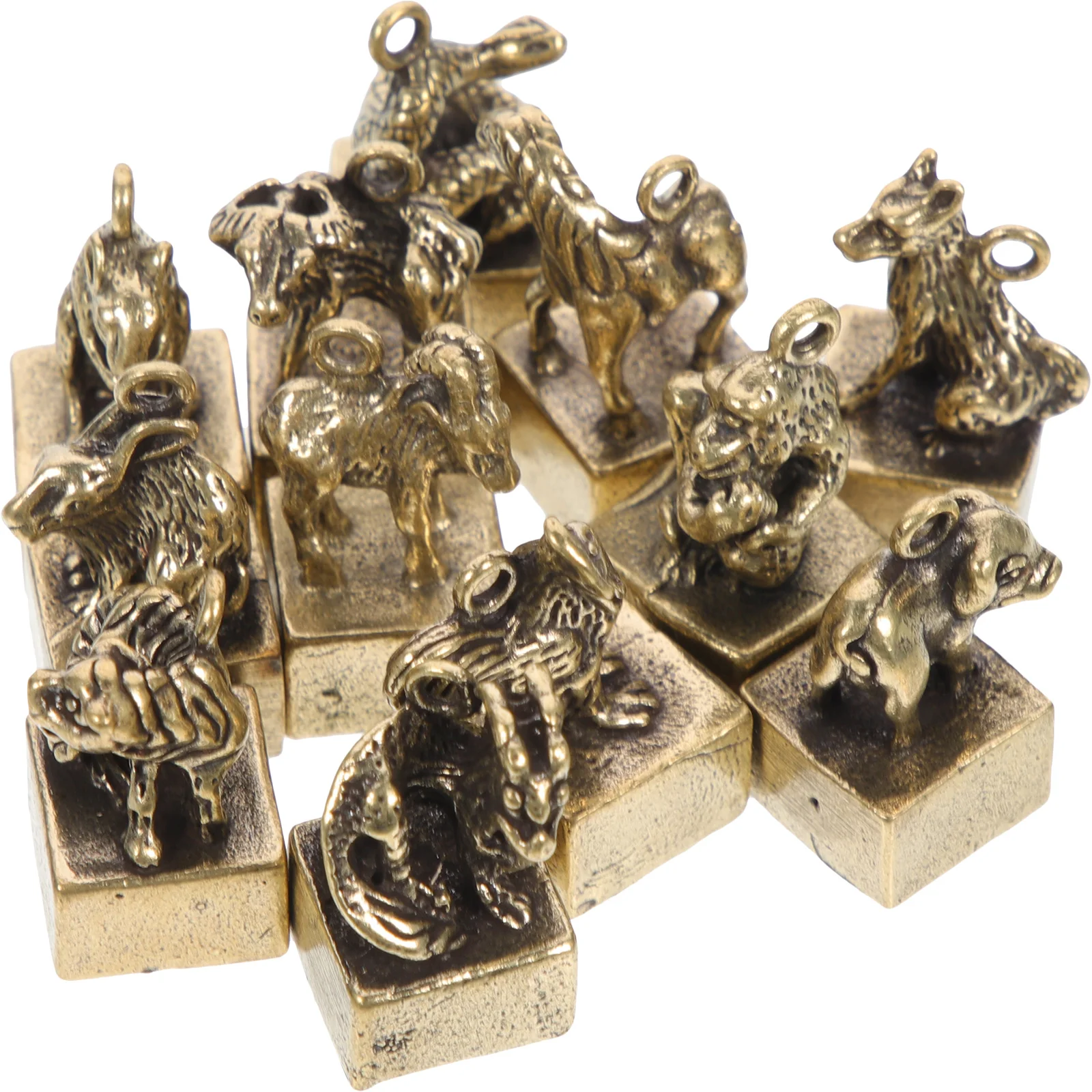 

12Pcs Vintage Brass Chinese Zodiac Sculpture Creative Desktop Ornament Small Animal Stamper Key Chain Charms Chinese Zodiac