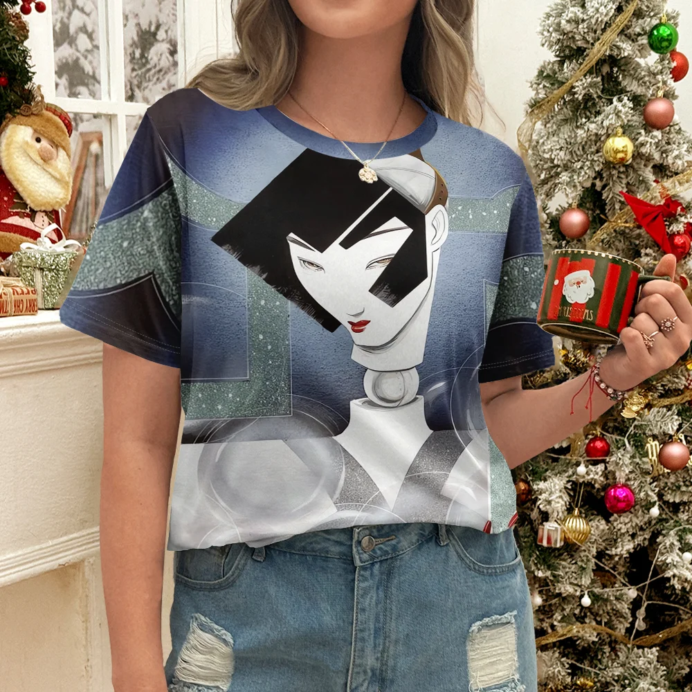 

Women's Black and White Robot Printed T-shirt Geometric Future Science Fiction Style Casual Summer Design Round Y2K Streetwear