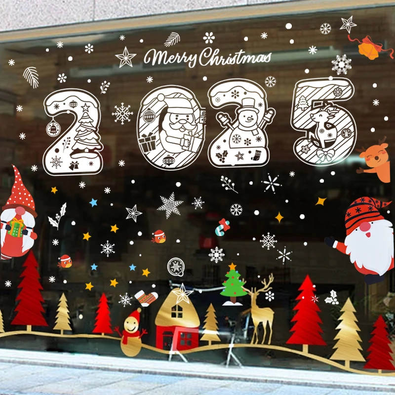 

Merry Christmas Wall Sticker Cartoon 2025 Santa Claus Snowflake Window Sticker Kids Room Glass Art Decals For New Year Wallpaper