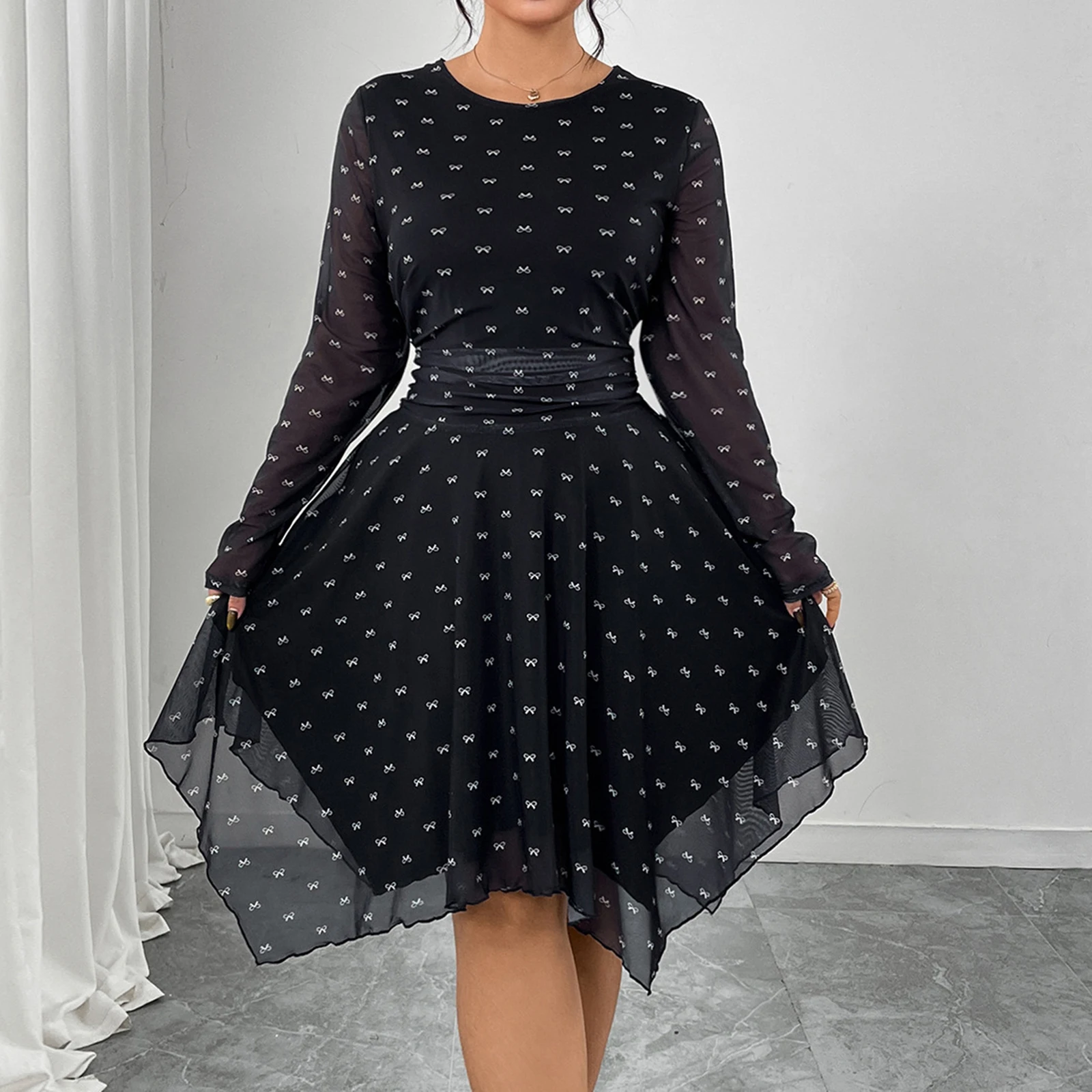 

2026, весеннее женское платье миди больших размеров с асимметричным подолом, платье с длинным рукавом и круглым вырезом, с бантом и принтом, струящееся платье