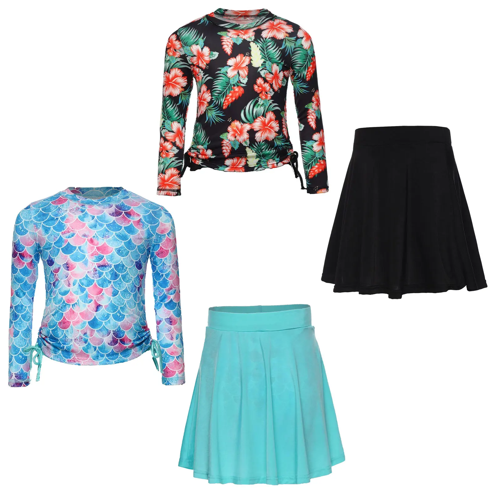 

Girls Two Pieces Rash Guard Swimsuit Long Sleeves Drawstrings Sun Protection Tops Summer Swim Skirt Suit Vibrant Print Beachwear