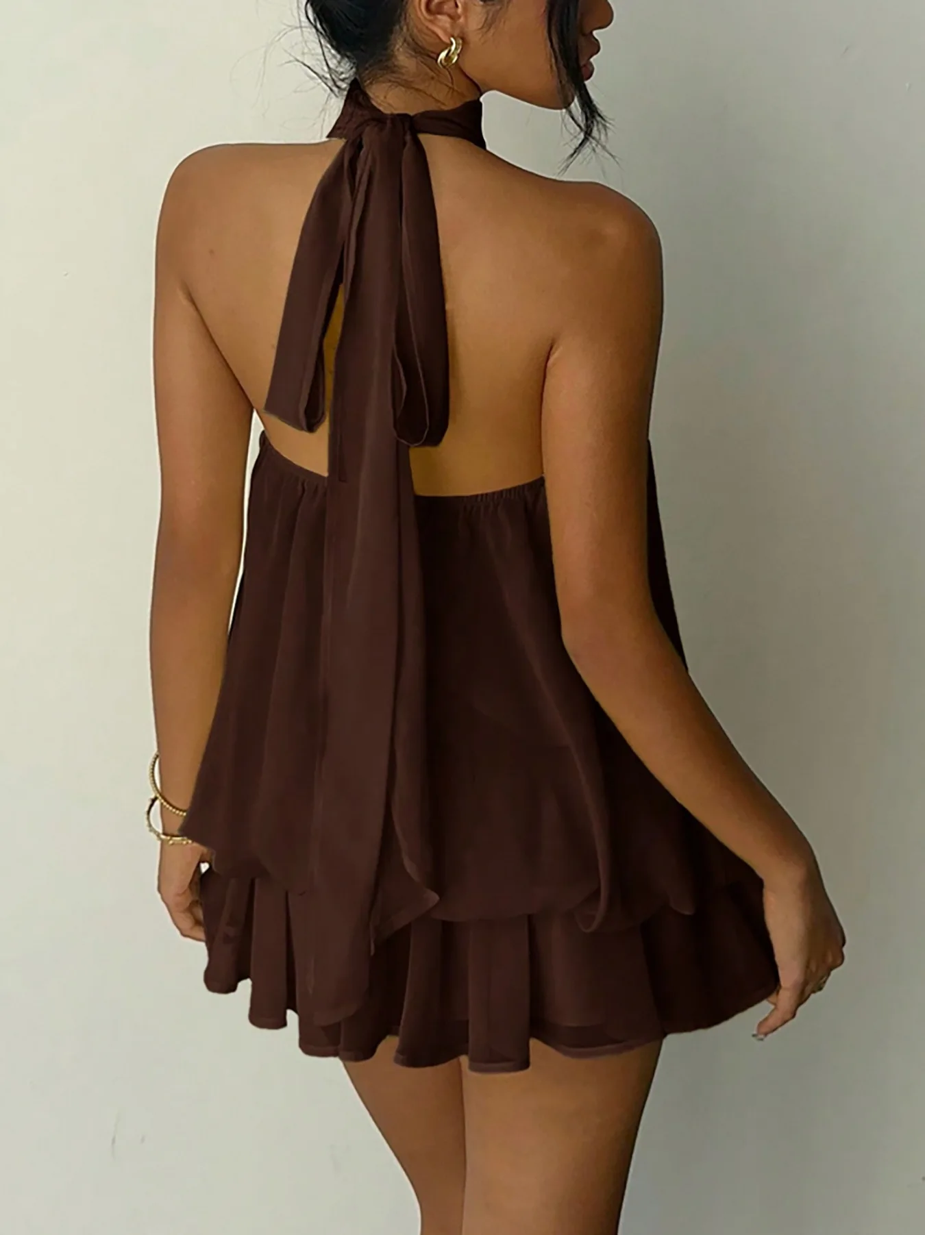 

Fashion Dresses Solid Color Neck Hanging Shoulder Summer Seaside Vacation Spicy Girl Loose Temperament Fluffy Skirt Short Dress