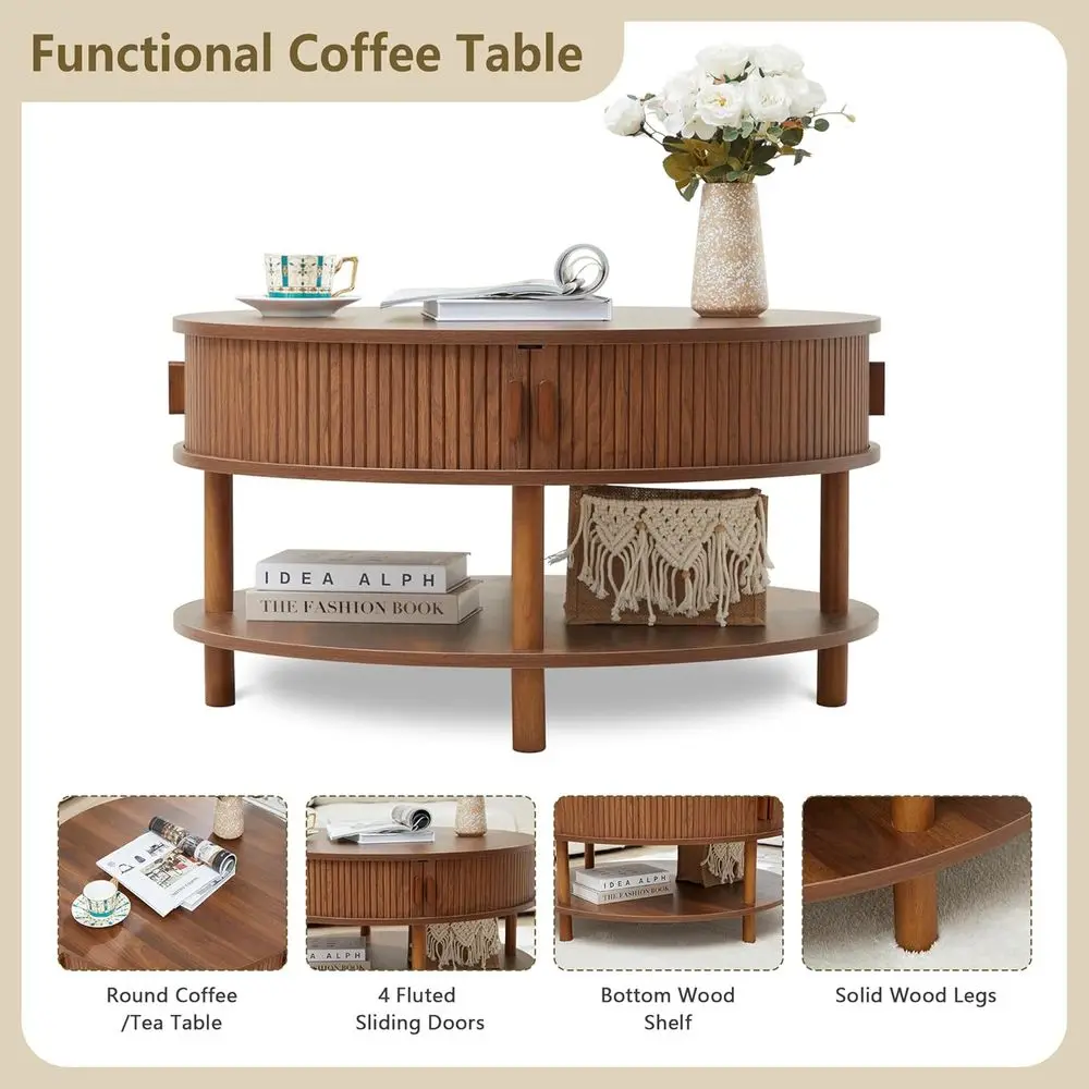 Walnut 31.5 Round Storage Coffee Table with 2 Tier Tambour Door for Small Spaces
