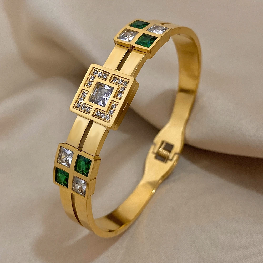 Greatera Inlaid White Green Square Zircon Stainless Steel Cuff Bracelet Bangle for Women Gold Plated Waterproof Party Jewelry