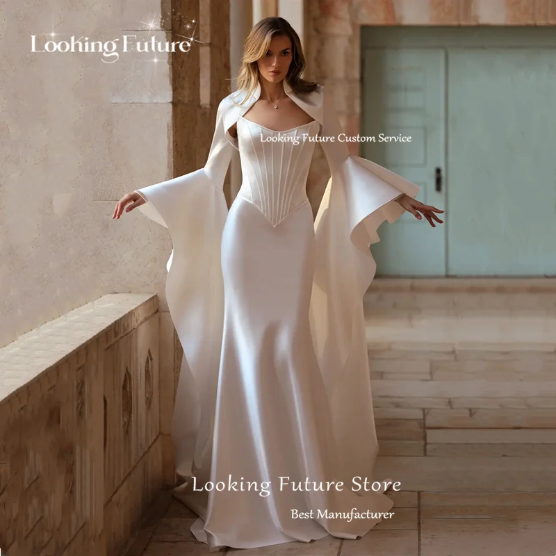 فساتين زفاف كلاسيكية من الساتان العاجي حورية البحر مثيرة بدون حمالات وأكمام مضيئة زي العرائس بدون ظهر مع دانتيل سويب تراين #3