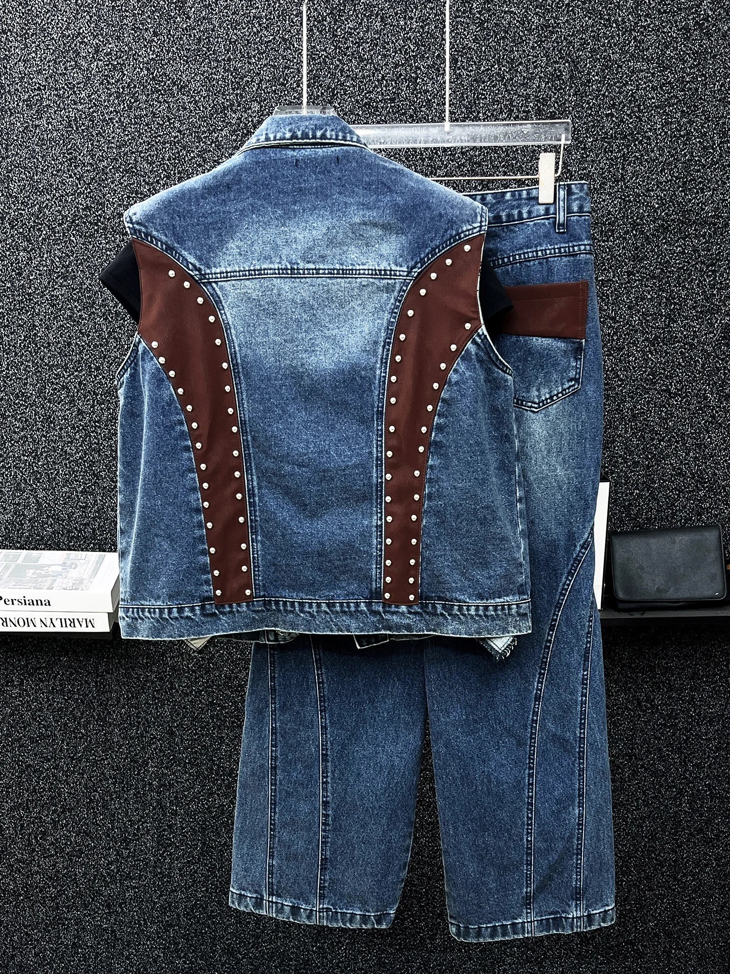 Japan and South Korea Summer Fashion Trend Sleeveless Denim Vest Suit Handsome Boys Senior Sense Rivet Splicing Trousers Suit