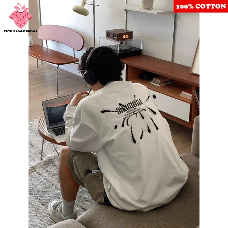 

American Letter Print T-shirt Men Autumn 2025 New 100%Cotton White O-Neck Long sleeves T-shirt Loose Casual Y2k Top Men clothing