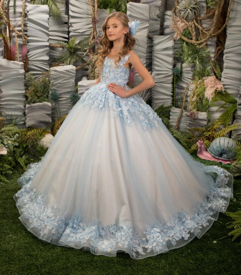 Vestidos elegantes de encaje para niña, vestidos de flores para boda, apliques de tul sin mangas, fiesta de cumpleaños para niños, vestidos de primera comunión con cuello transparente