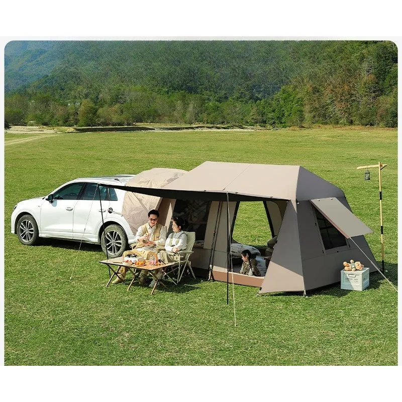 

3-in-1 Car Rear Tent Canopy, 2 Rooms 1 Hall, Black Vinyl UV Protection Windproof Waterproof Camping Tent