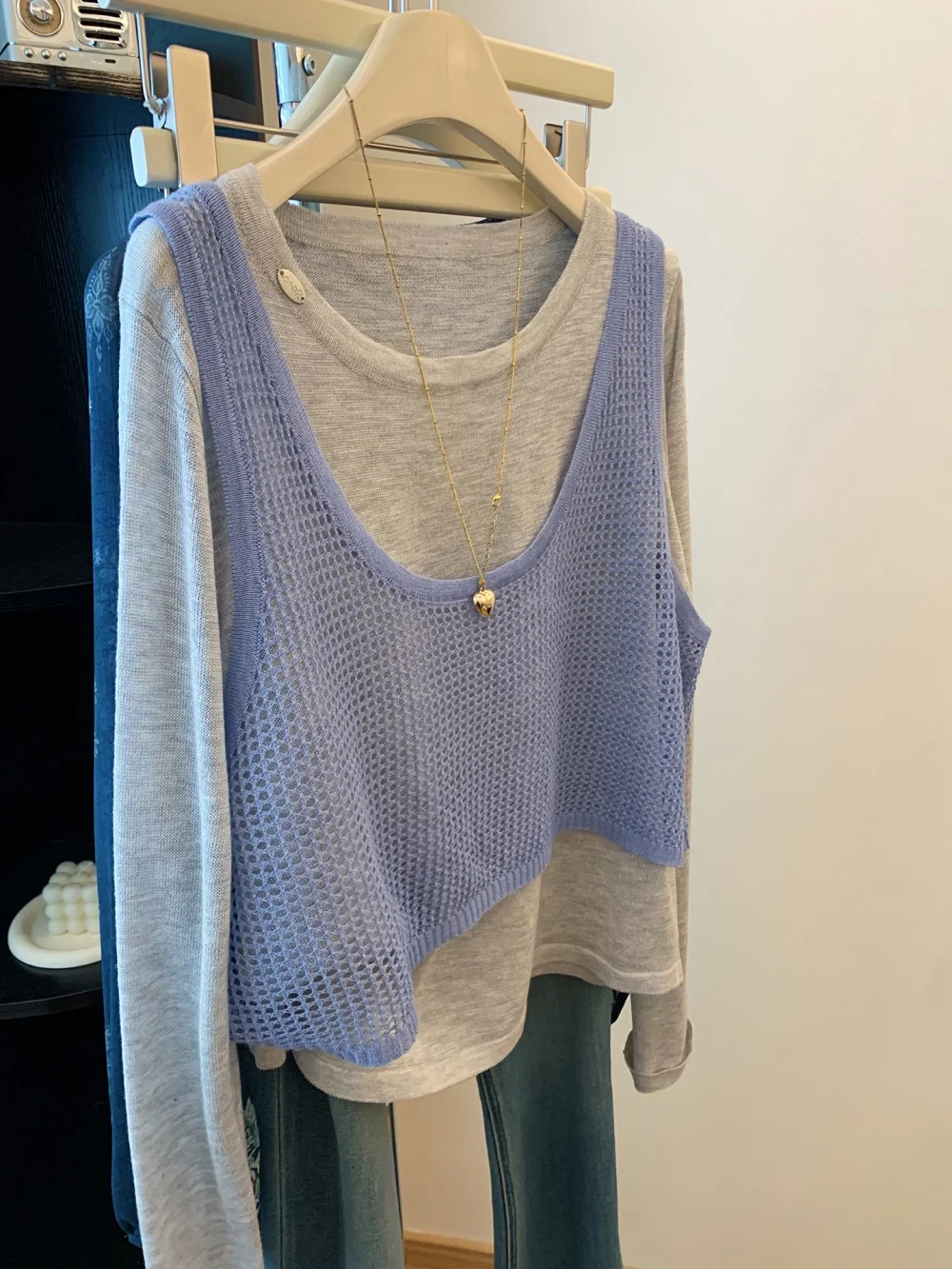 Faionable ey redondo ne malha longo sve solto emagrecimento topo para homem casual sle outono design falso camiseta de duas peças