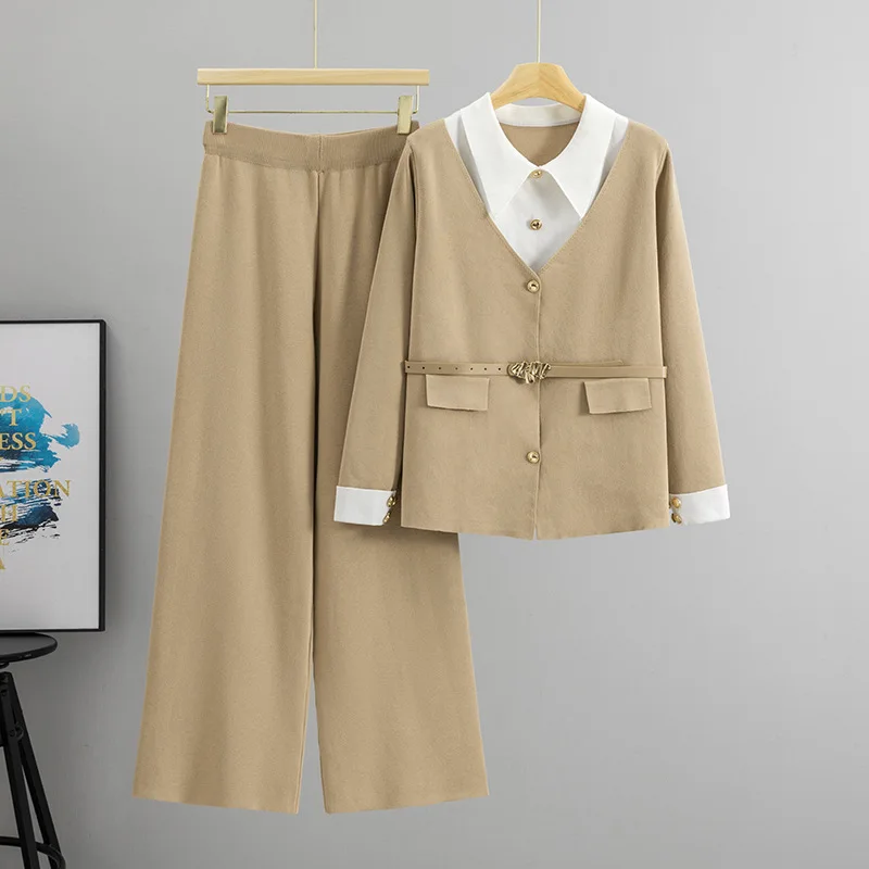 Sweater Suit Women Pullover Wide Leg Pants Autumn Winter 2 Piece Set Sashes Patchwork Knitted Outfits Jumper Trousers Ensemble