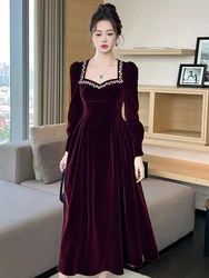 French Style Elegant Lady Dresses for Women Clothing Retro Velvet Diamonds Swing Long Robe Femme Party Prom Vestidos Spring New