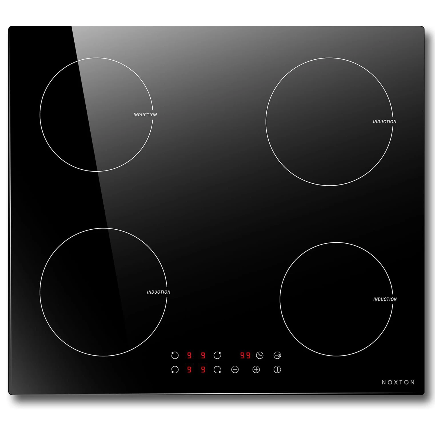 NOXTON Plug-in inductiekookplaat, 4 zones elektrisch 60 cm ingebouwd, touch, veiligheidsslot, 99 minuten timer, zwart, (UK: 2800 W/EU:3500 W)