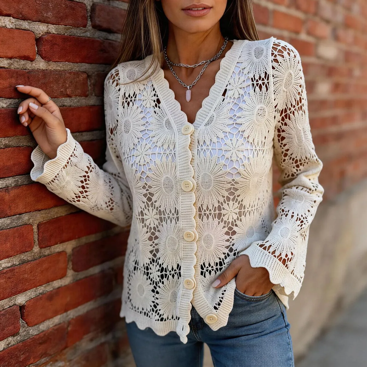 Women's Solid V Neck Single Breasted Hollow Crochet Flare Sleeve Knit Cardigan Comfortable Elegant Commuter Casual Fashion Coat